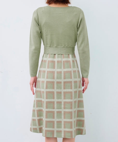 リボンベルト付きチェック柄ニットワンピース